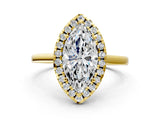 Yellow gold Marquise Cut Halo Round Diamond Solitaire Ring with Pavé Band and Four-Prong Setting