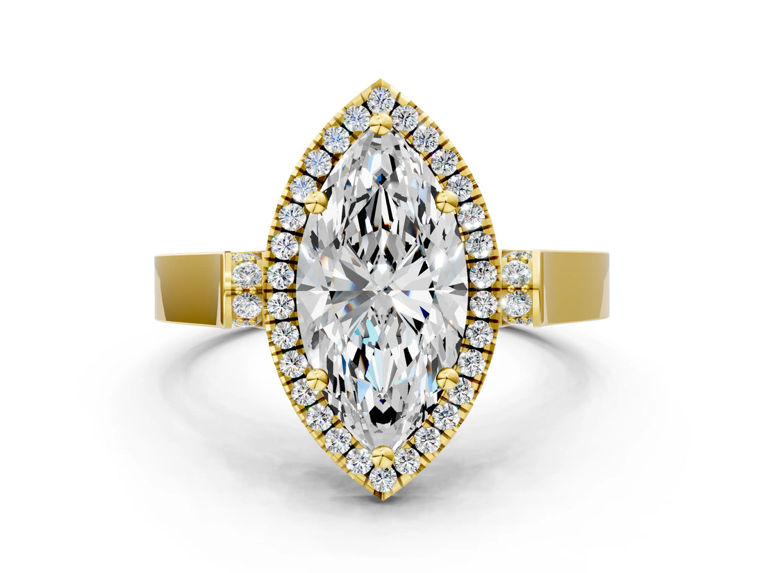 Yellow gold Marquise Cut Halo Round Diamond Twist Band with Four-Prong Setting_15