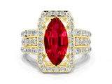 Yellow gold Marquise Cut Halo Ruby Ring with Split Shank and Four-Prong Setting