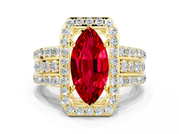 Yellow gold Marquise Cut Halo Ruby Ring with Round  Split Shank and Prong Setting