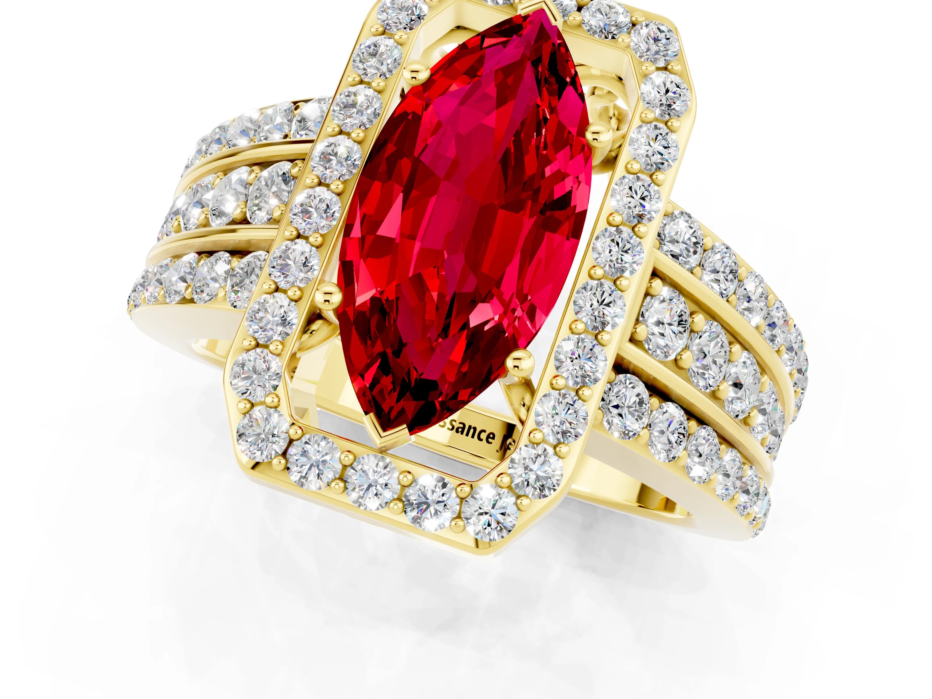 Yellow gold Marquise Cut Halo Ruby Ring with Split Shank and Four-Prong Setting_1