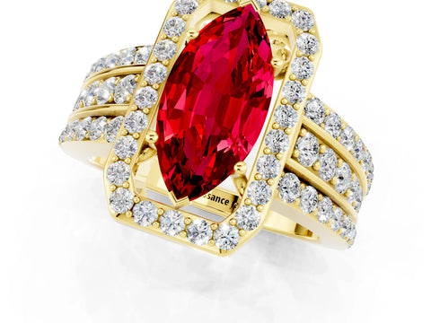 Yellow gold Marquise Cut Halo Ruby Ring with Split Shank and Four-Prong Setting_1