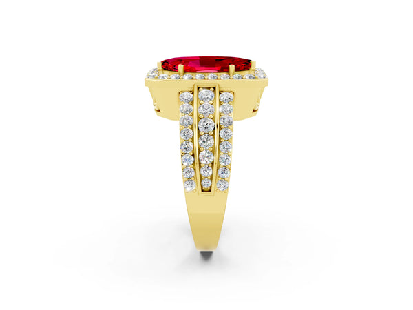 Yellow gold Marquise Cut Halo Ruby Ring with Round  Split Shank and Prong Setting