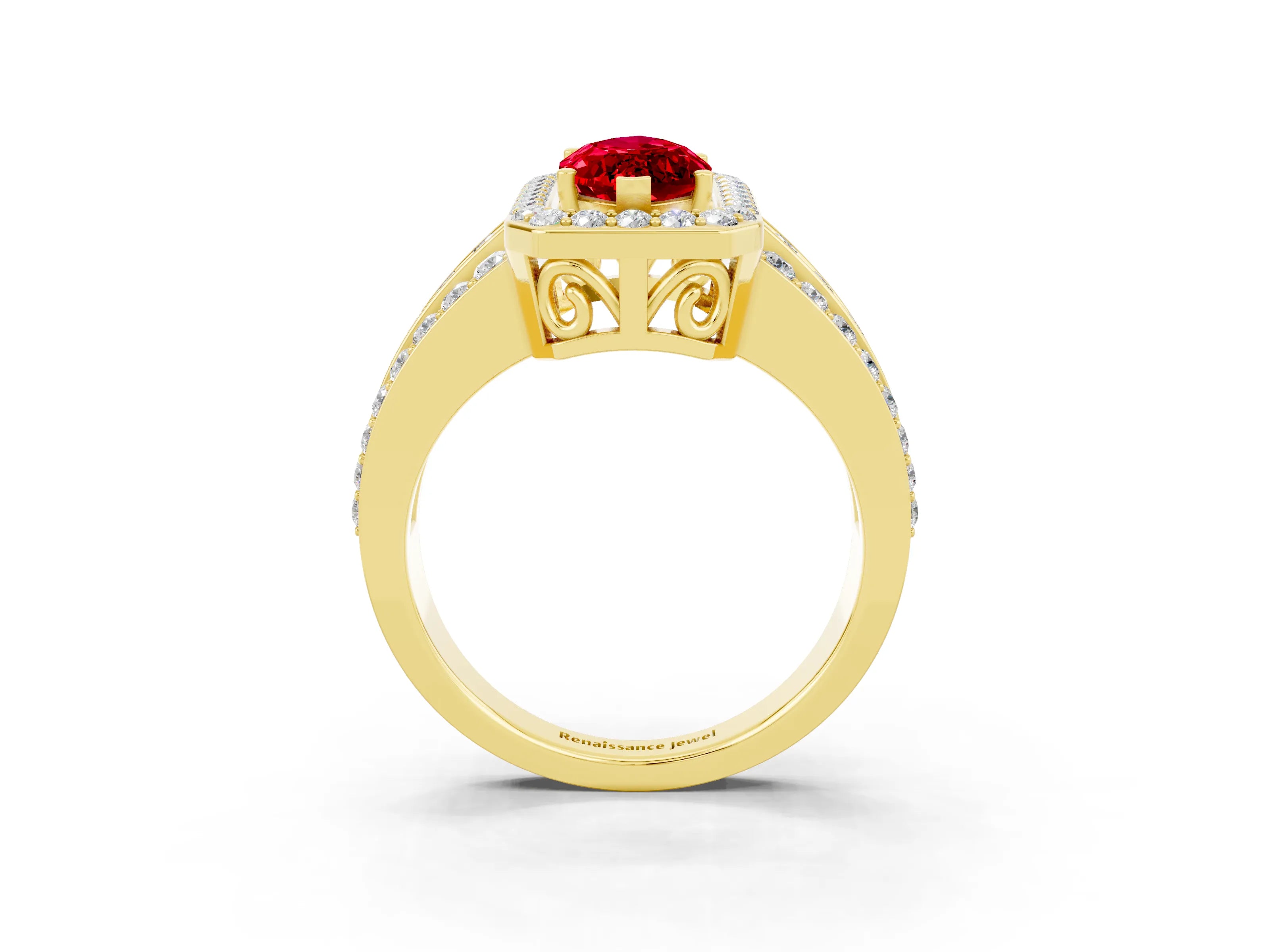 Yellow gold Marquise Cut Halo Ruby Ring with Split Shank and Four-Prong Setting_3