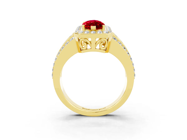 Yellow gold Marquise Cut Halo Ruby Ring with Round  Split Shank and Prong Setting