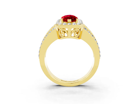 Yellow gold Marquise Cut Halo Ruby Ring with Split Shank and Four-Prong Setting_3
