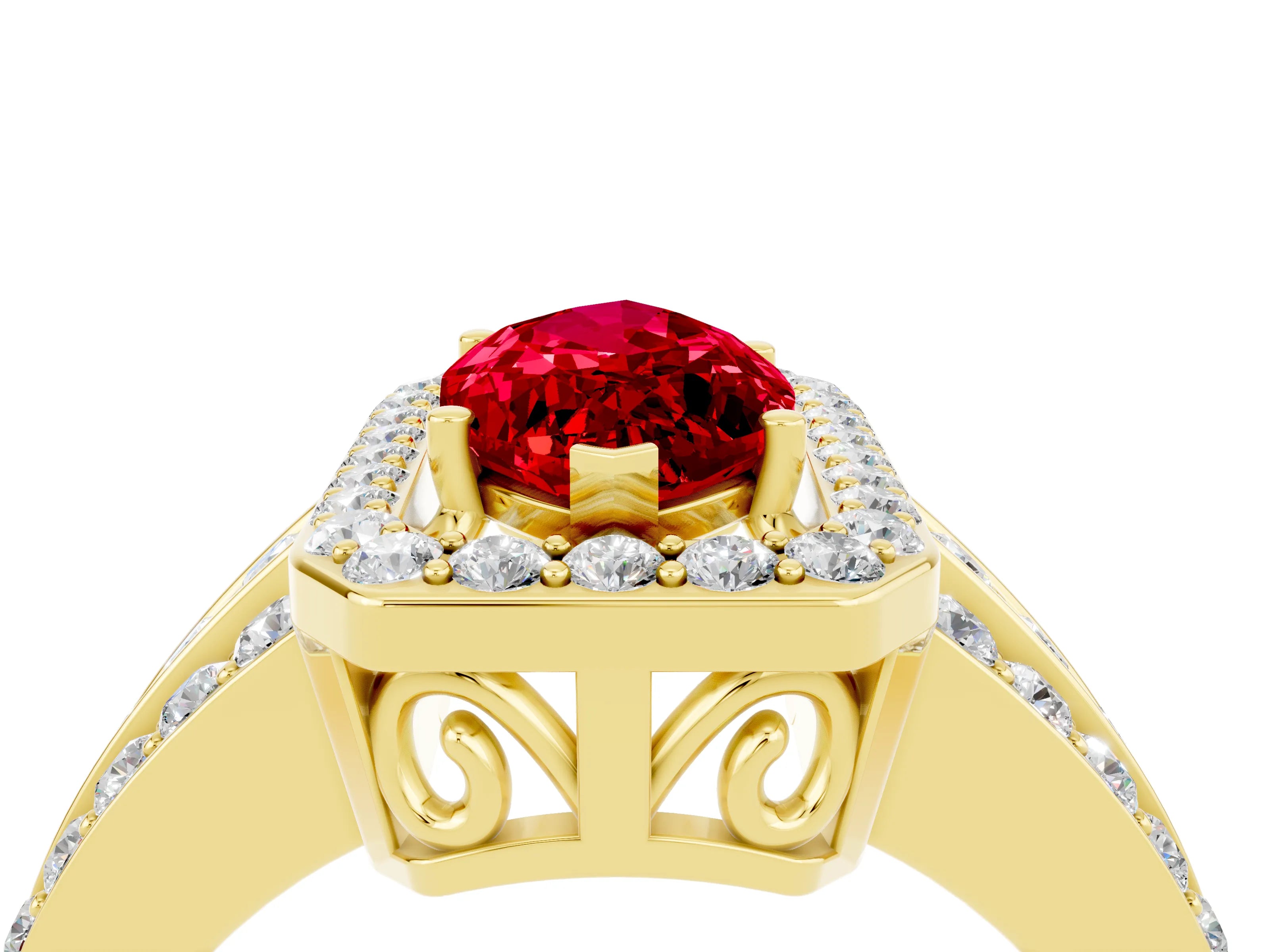 Yellow gold Marquise Cut Halo Ruby Ring with Split Shank and Four-Prong Setting_4