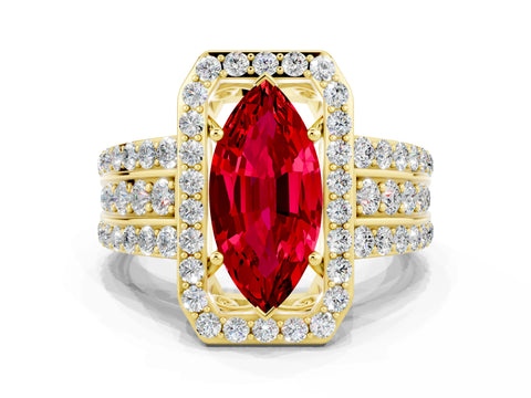 Yellow gold Marquise Cut Halo Ruby Ring with Split Shank and Four-Prong Setting