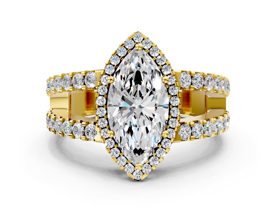 Yellow gold Marquise Cut Halo Split Shank Diamond Ring with Four-Prong Setting_64
