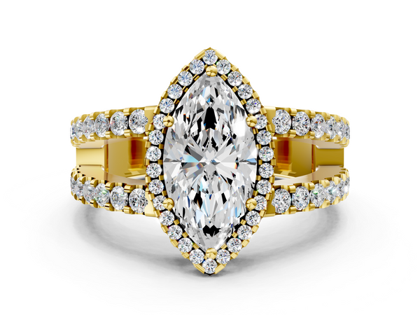 Yellow gold Marquise Cut Halo Split Shank Diamond Ring with Four-Prong Setting
