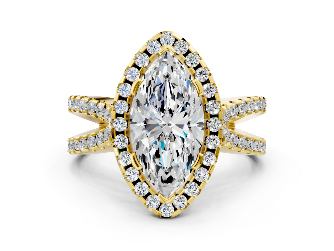 Yellow gold Marquise Cut Halo Split Shank Pave Set Ring_71