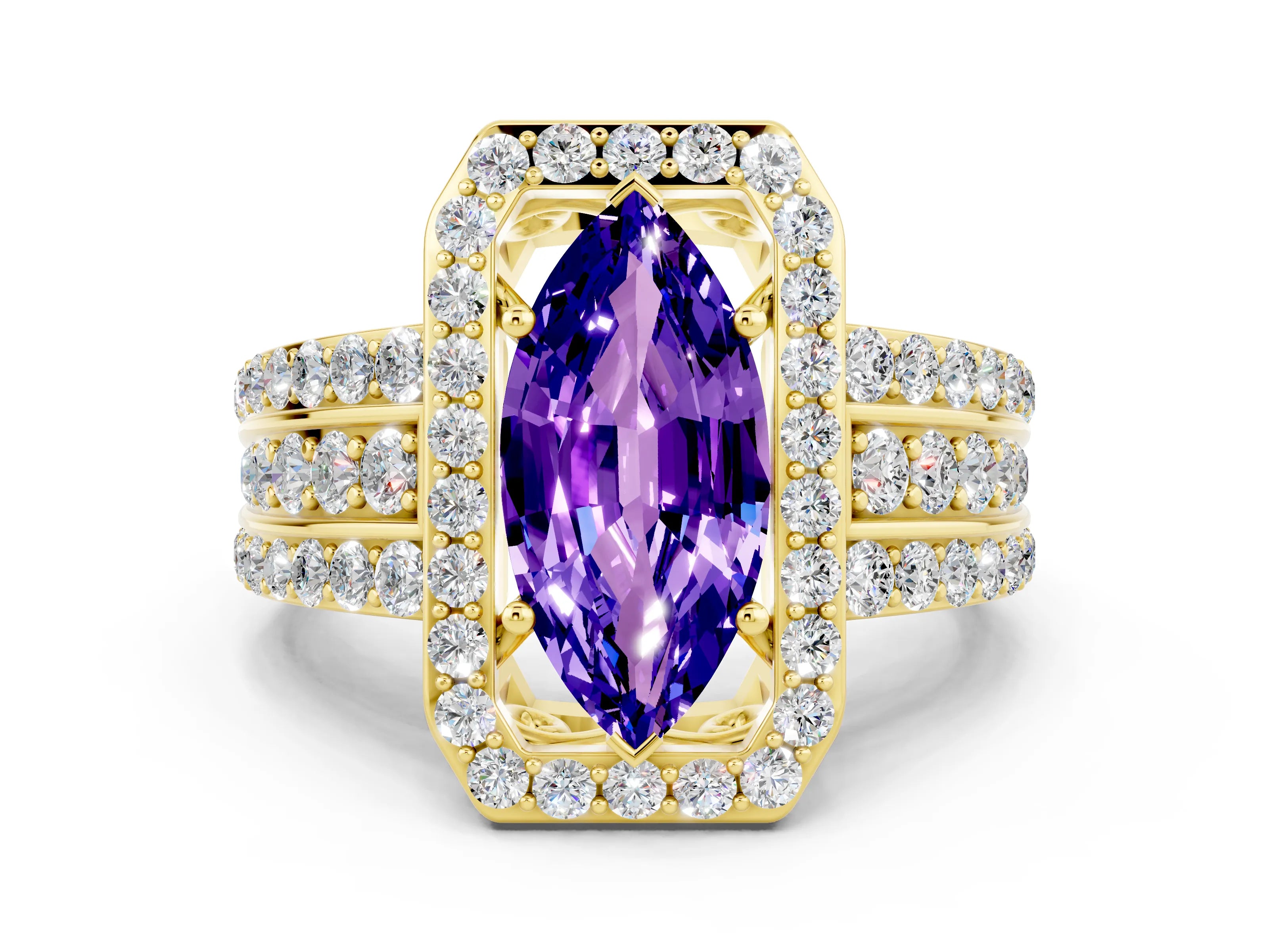 Yellow gold Marquise Cut Halo Tanzanite Ring with Split Shank and Four-Prong Setting