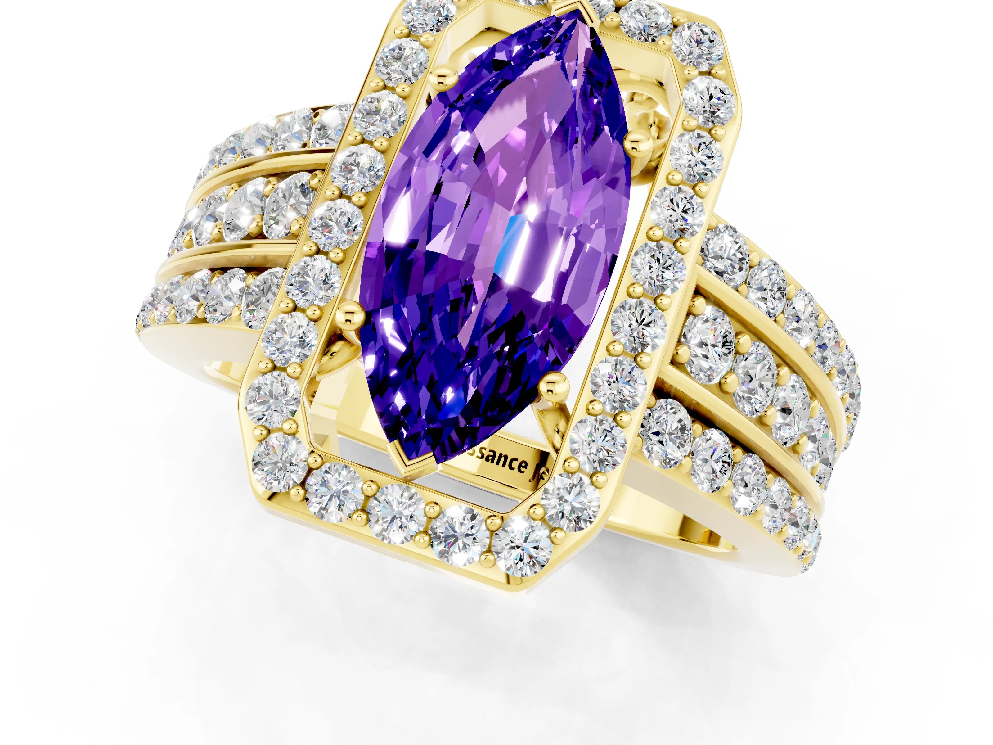Yellow gold Marquise Cut Halo Tanzanite Ring with Split Shank and Four-Prong Setting_1