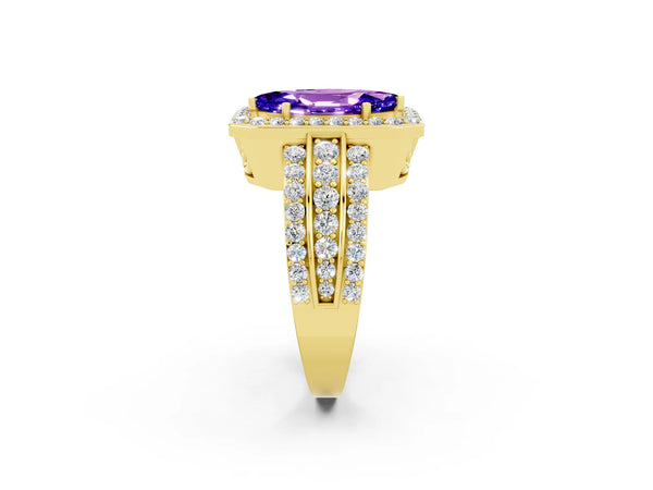 Yellow gold Marquise Cut Halo Tanzanite Ring with Round  Split Shank and Prong Setting