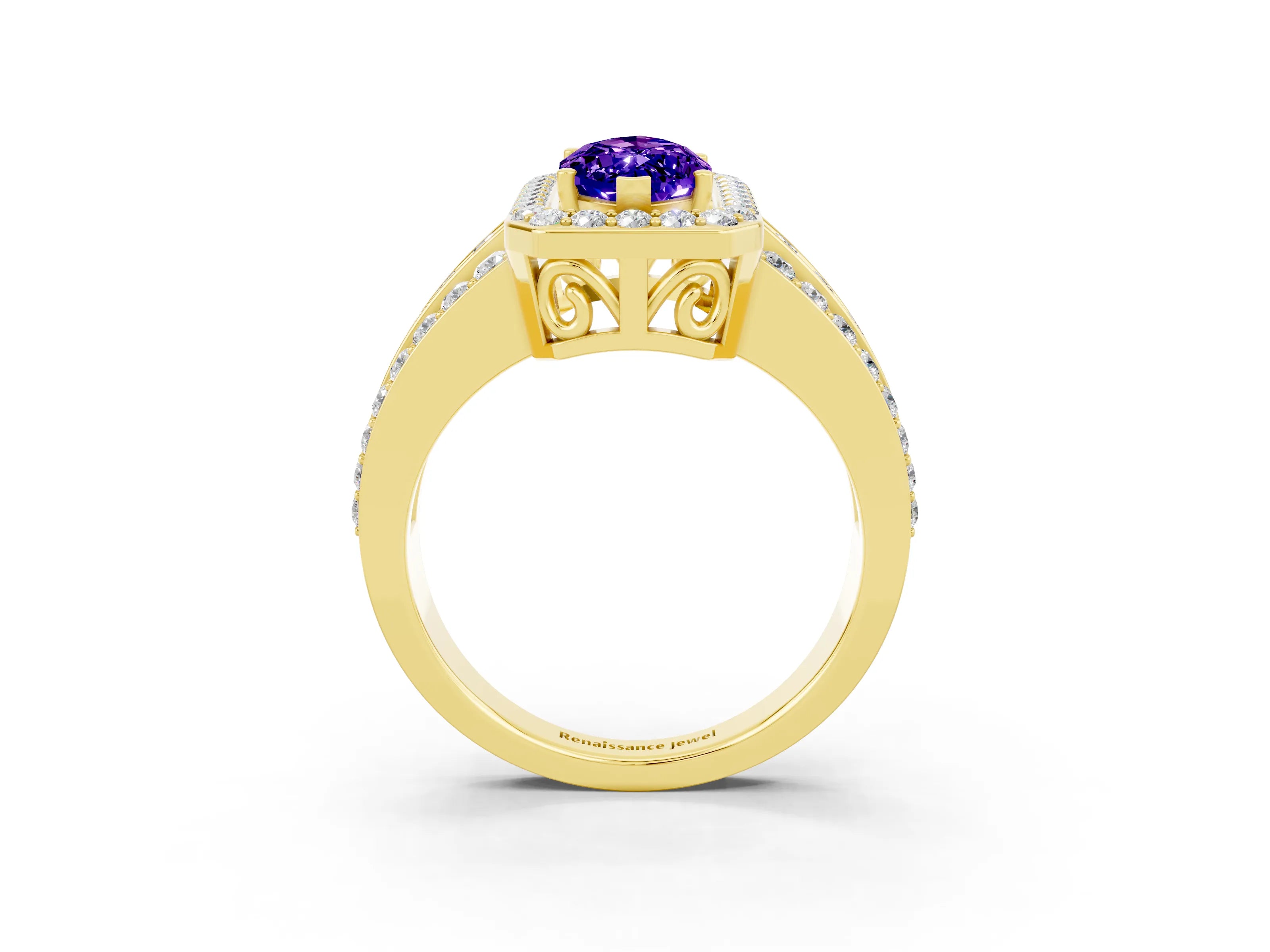 Yellow gold Marquise Cut Halo Tanzanite Ring with Split Shank and Four-Prong Setting_3
