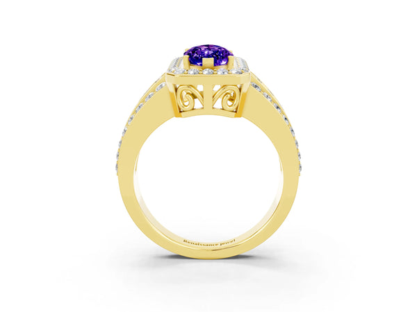 Yellow gold Marquise Cut Halo Tanzanite Ring with Round  Split Shank and Prong Setting