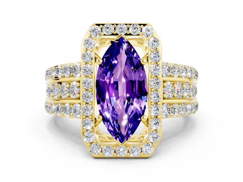 Yellow gold Marquise Cut Halo Tanzanite Ring with Split Shank and Four-Prong Setting