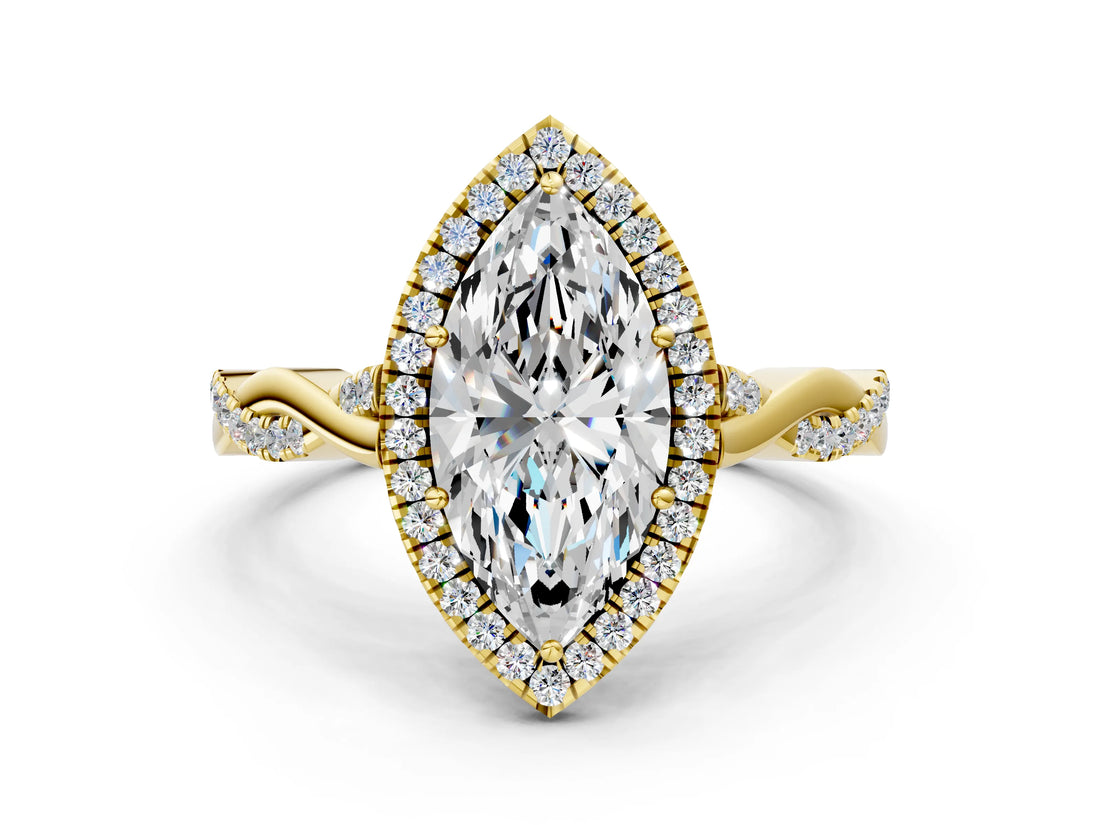 Yellow gold Marquise Cut Halo Twist Band with Four-Prong Setting_15