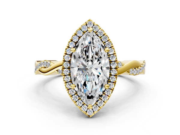 Yellow gold Marquise Cut Halo Twisted Band Four-Prong Ring