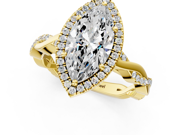 Yellow gold Marquise Cut Halo Twisted Band Four-Prong Ring