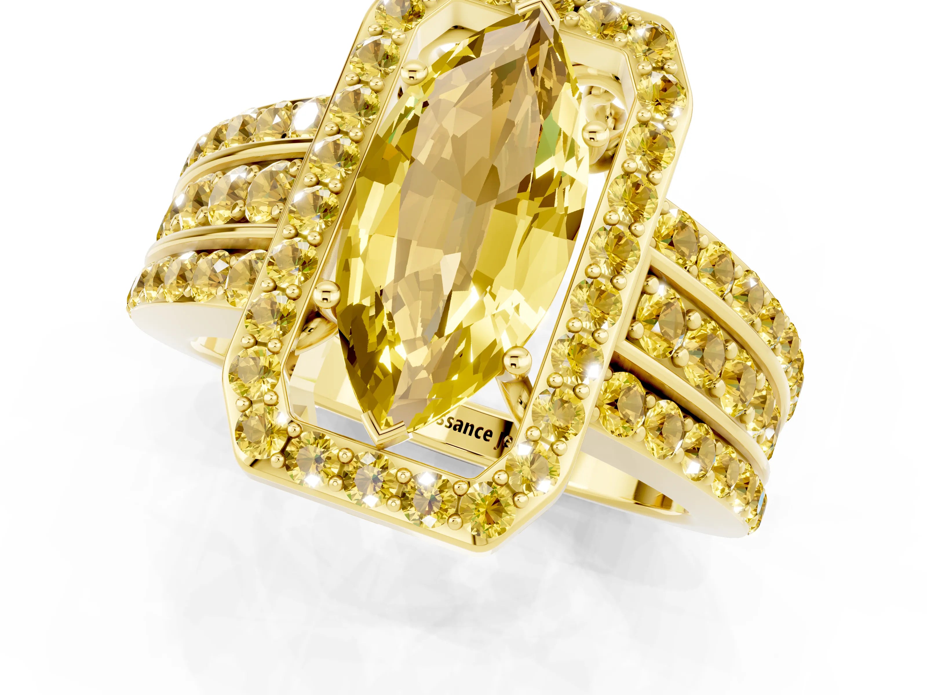 Yellow gold Marquise Cut Halo Yellow Sapphire Ring with Split Shank and Four-Prong Setting_1