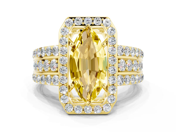 Yellow gold Marquise Cut Halo Yellow Sapphire Ring with Round  Split Shank and Prong Setting