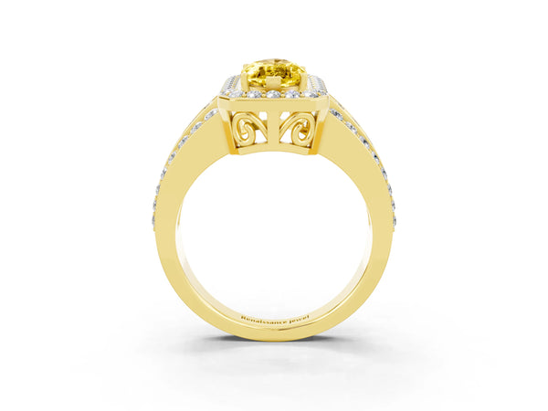 Yellow gold Marquise Cut Halo Yellow Sapphire Ring with Round  Split Shank and Prong Setting