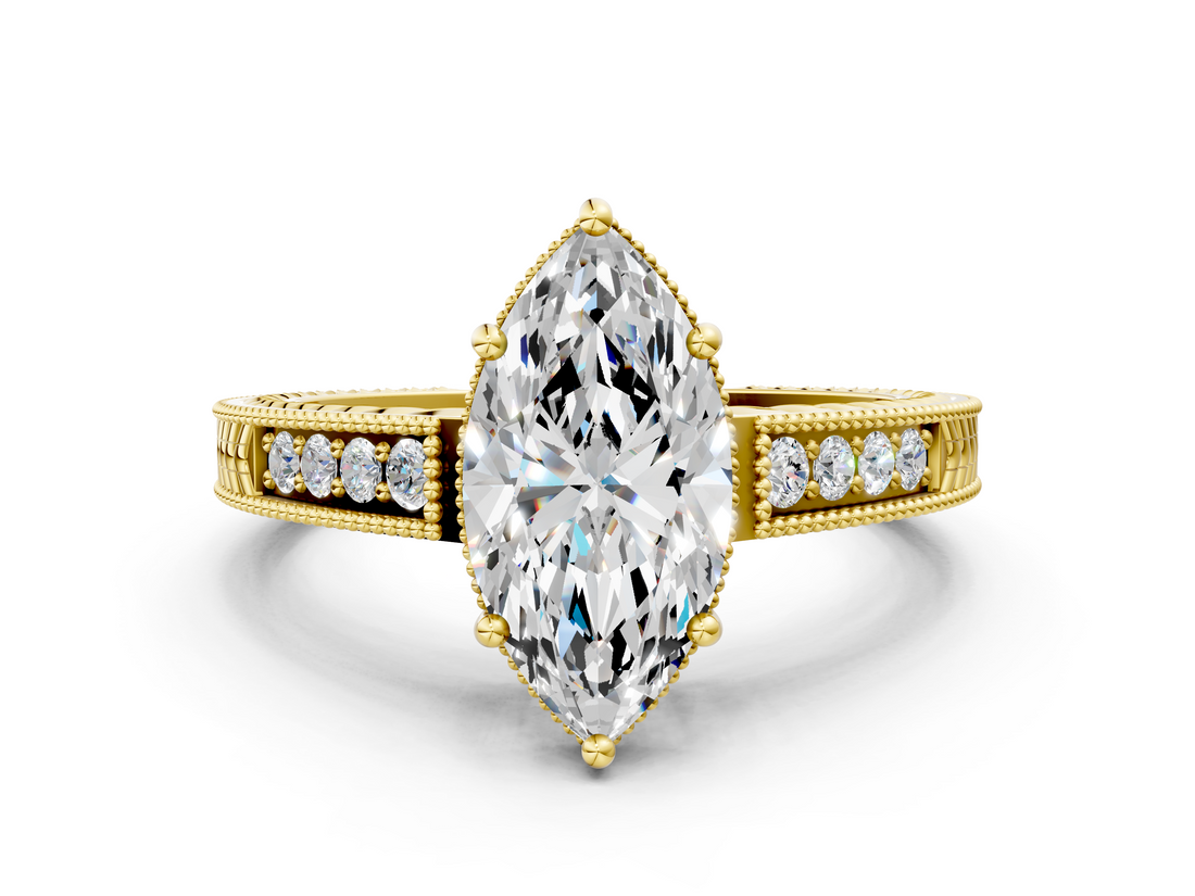 Yellow gold Marquise Cut Milgrain Channel Set Engagement Ring with Solitaire Prong Setting_72