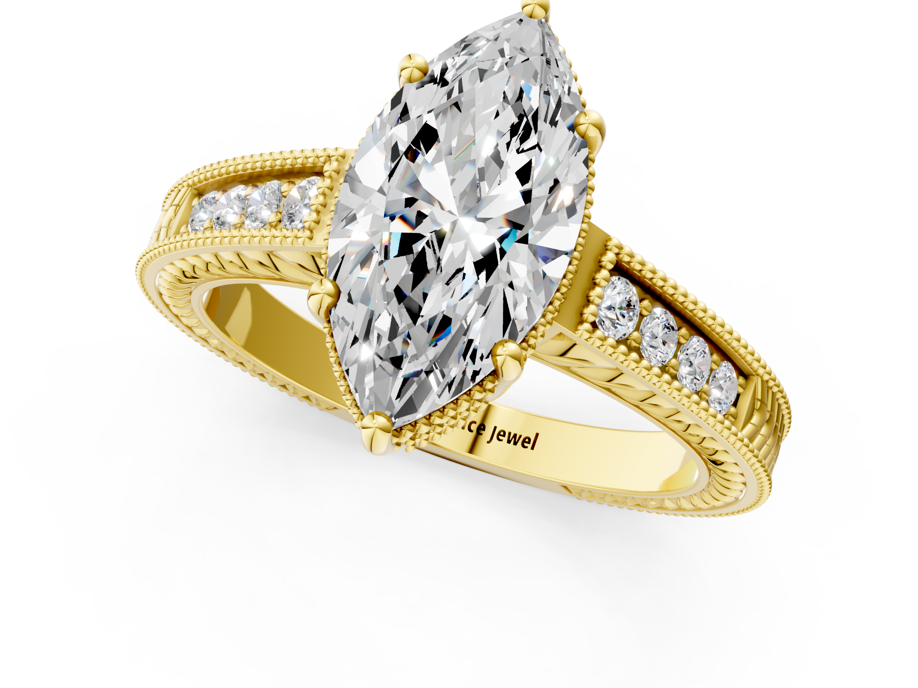 Yellow gold Marquise Cut Milgrain Channel Set Engagement Ring with Solitaire Prong Setting_73