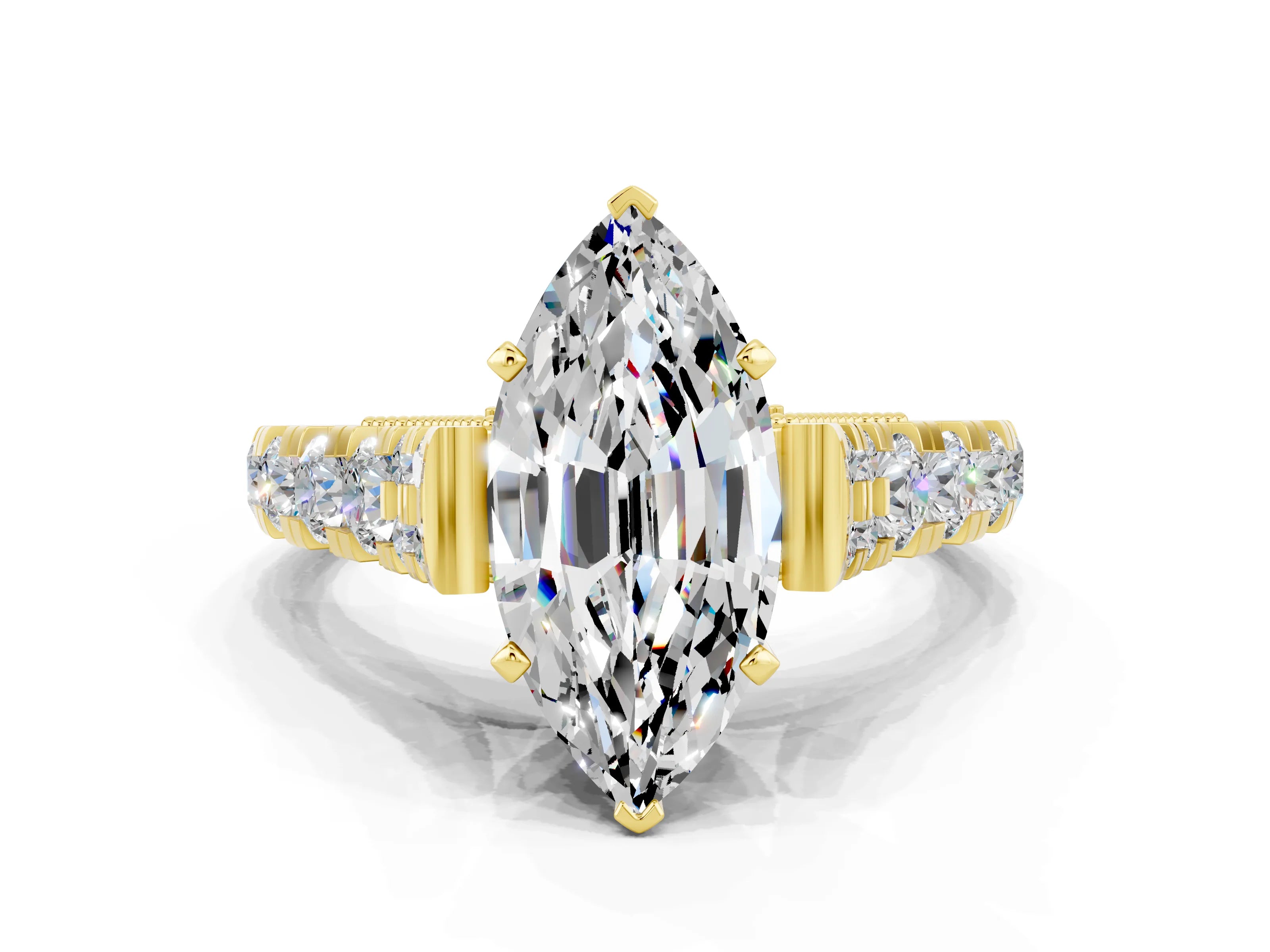 Yellow gold Marquise Cut Moissanite Classic Solitaire Ring with Pavé Band and Four-Prong Setting
