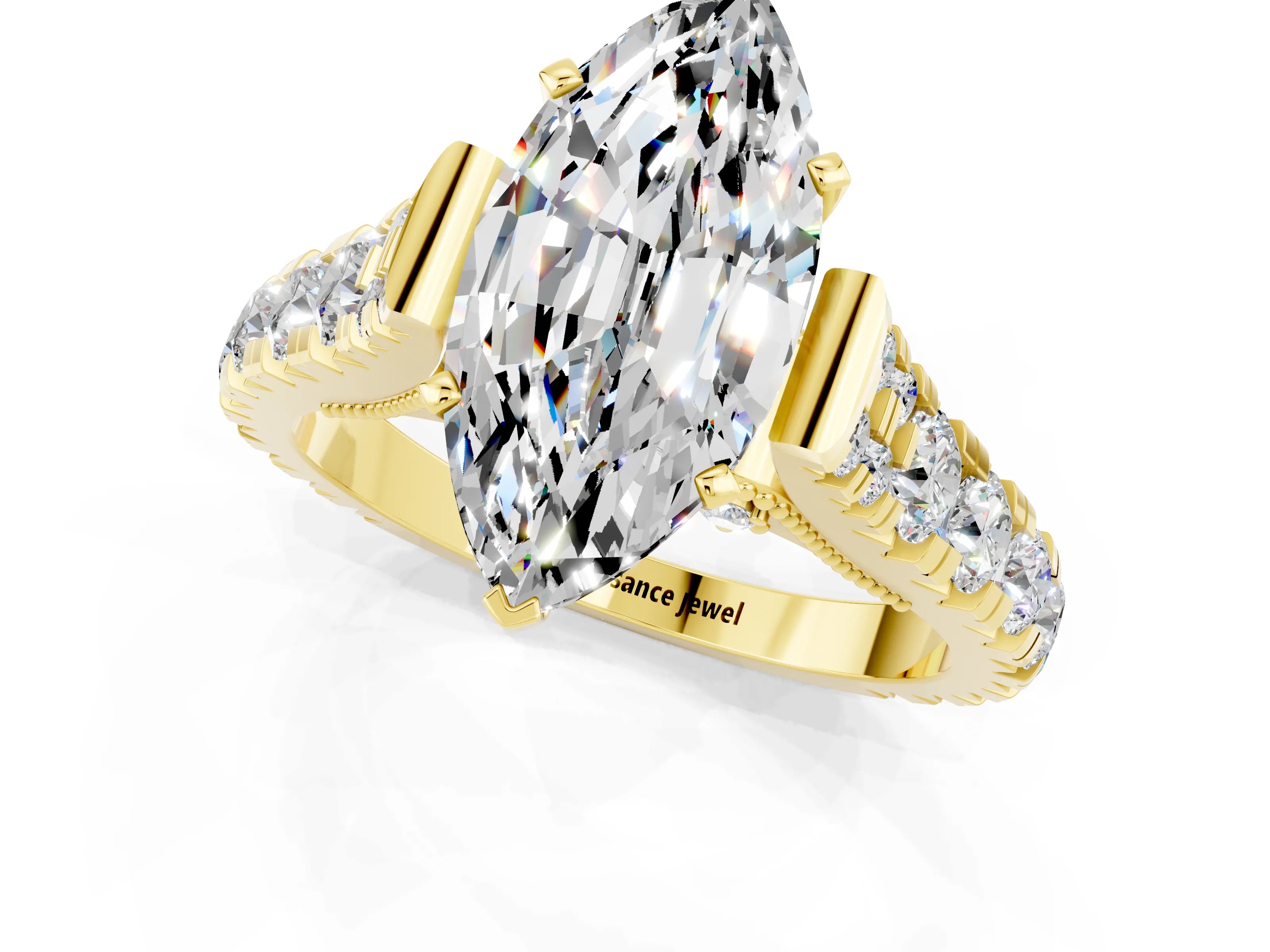 Yellow gold Marquise Cut Moissanite Classic Solitaire Ring with Pavé Band and Four-Prong Setting_1