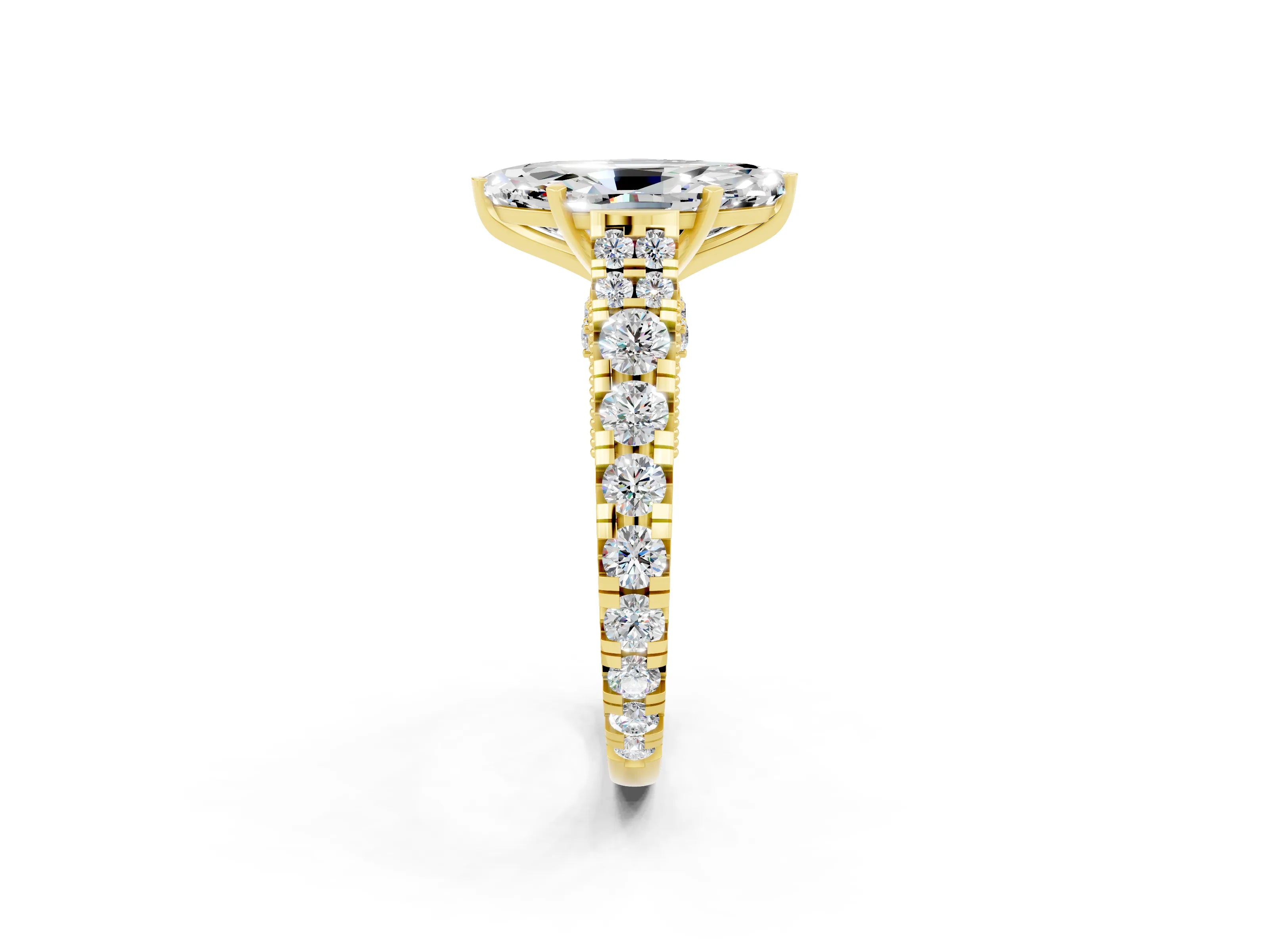 Yellow gold Marquise Cut Moissanite Classic Solitaire Ring with Pavé Band and Four-Prong Setting_2