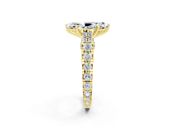 Yellow gold Marquise Cut Moissanite Classic Solitaire Ring with Pavé Band and Four-Prong Setting