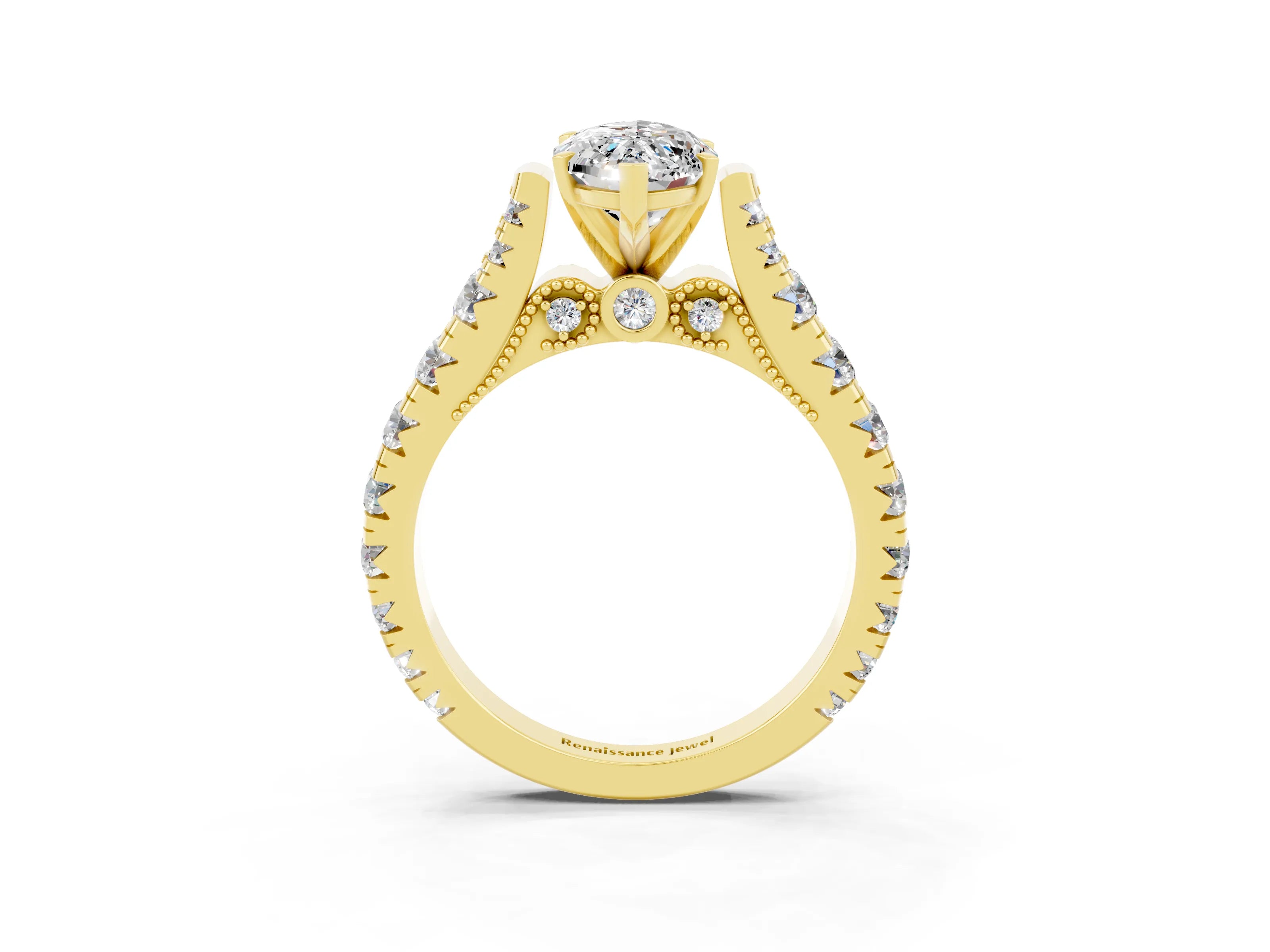 Yellow gold Marquise Cut Moissanite Classic Solitaire Ring with Pavé Band and Four-Prong Setting_3