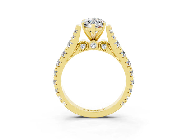 Yellow gold Marquise Cut Moissanite Classic Solitaire Ring with Pavé Band and Four-Prong Setting