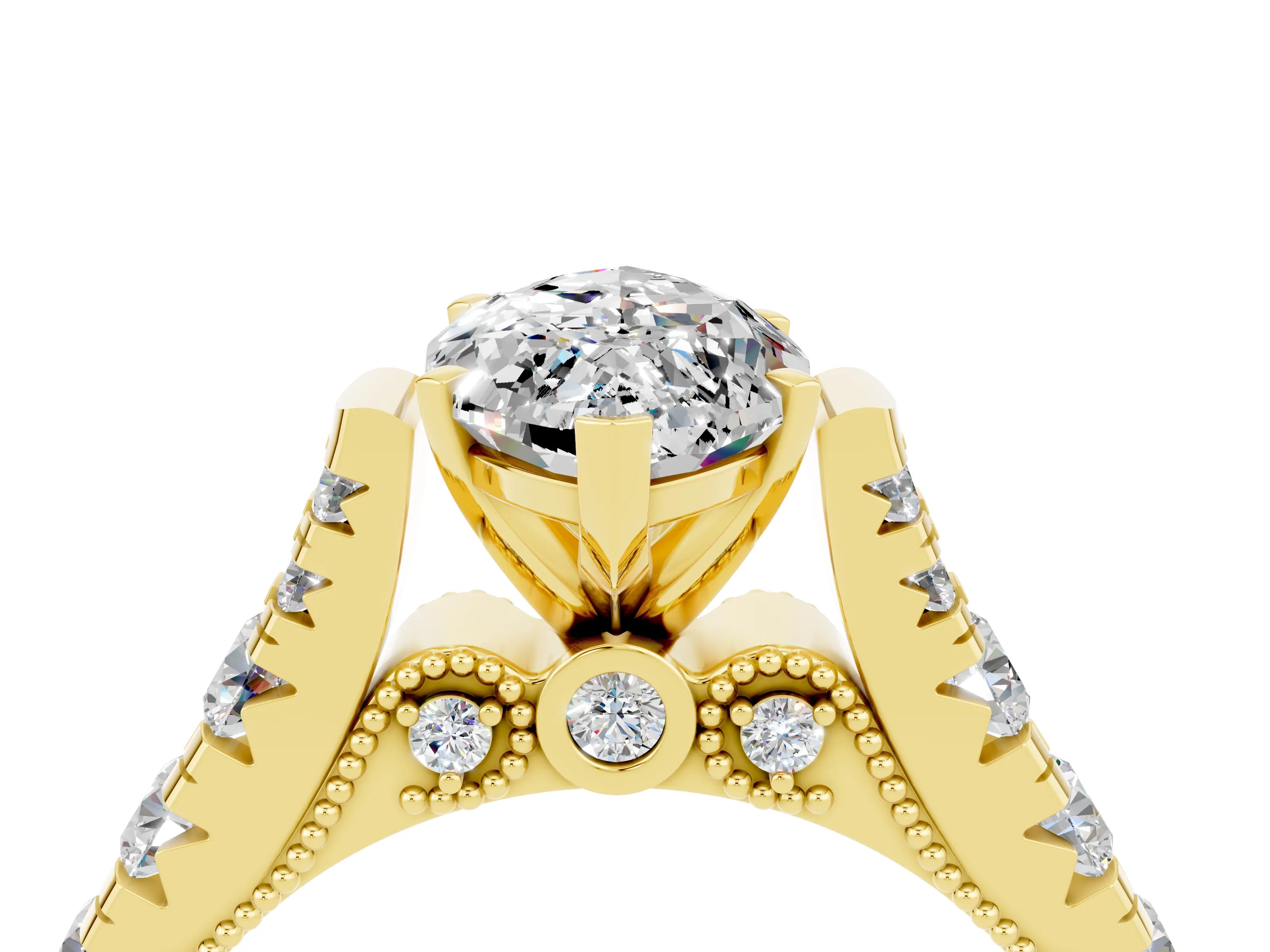 Yellow gold Marquise Cut Moissanite Classic Solitaire Ring with Pavé Band and Four-Prong Setting_4