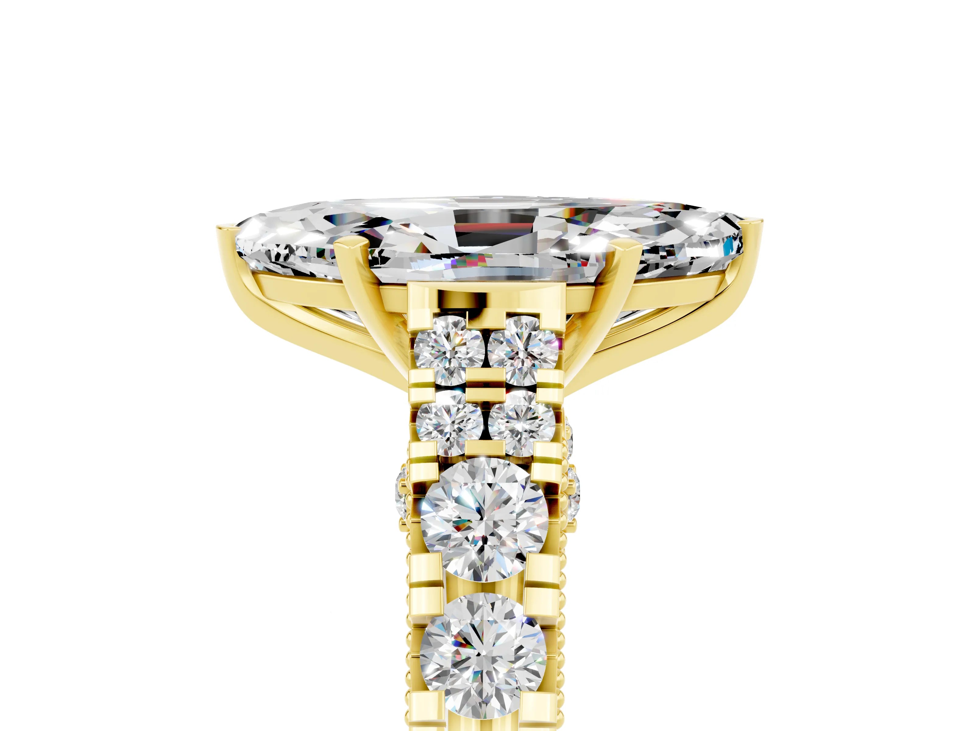 Yellow gold Marquise Cut Moissanite Classic Solitaire Ring with Pavé Band and Four-Prong Setting_5