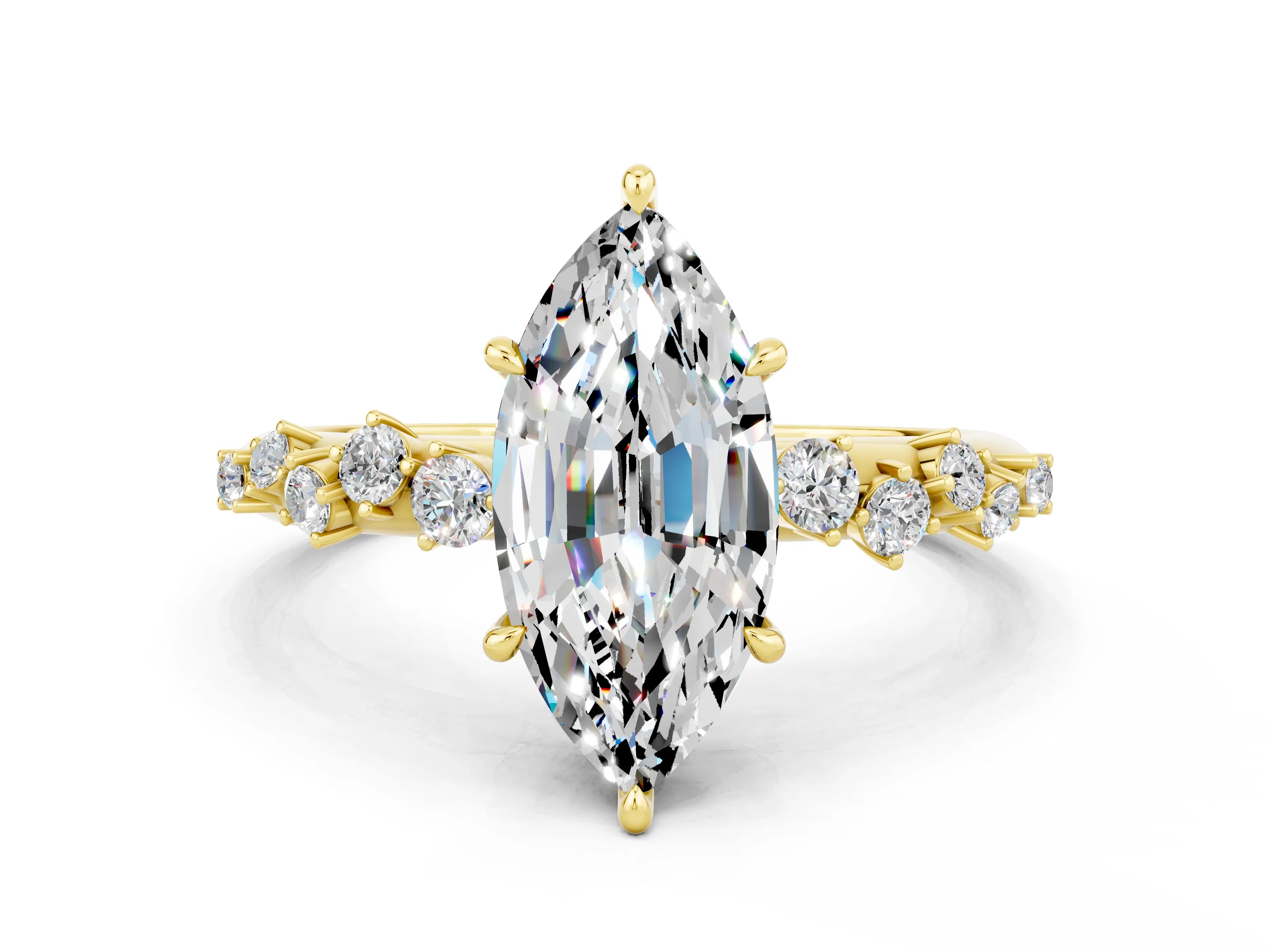Yellow gold Marquise Cut Moissanite Cluster Side Stone Solitaire Ring with Prong Setting_34