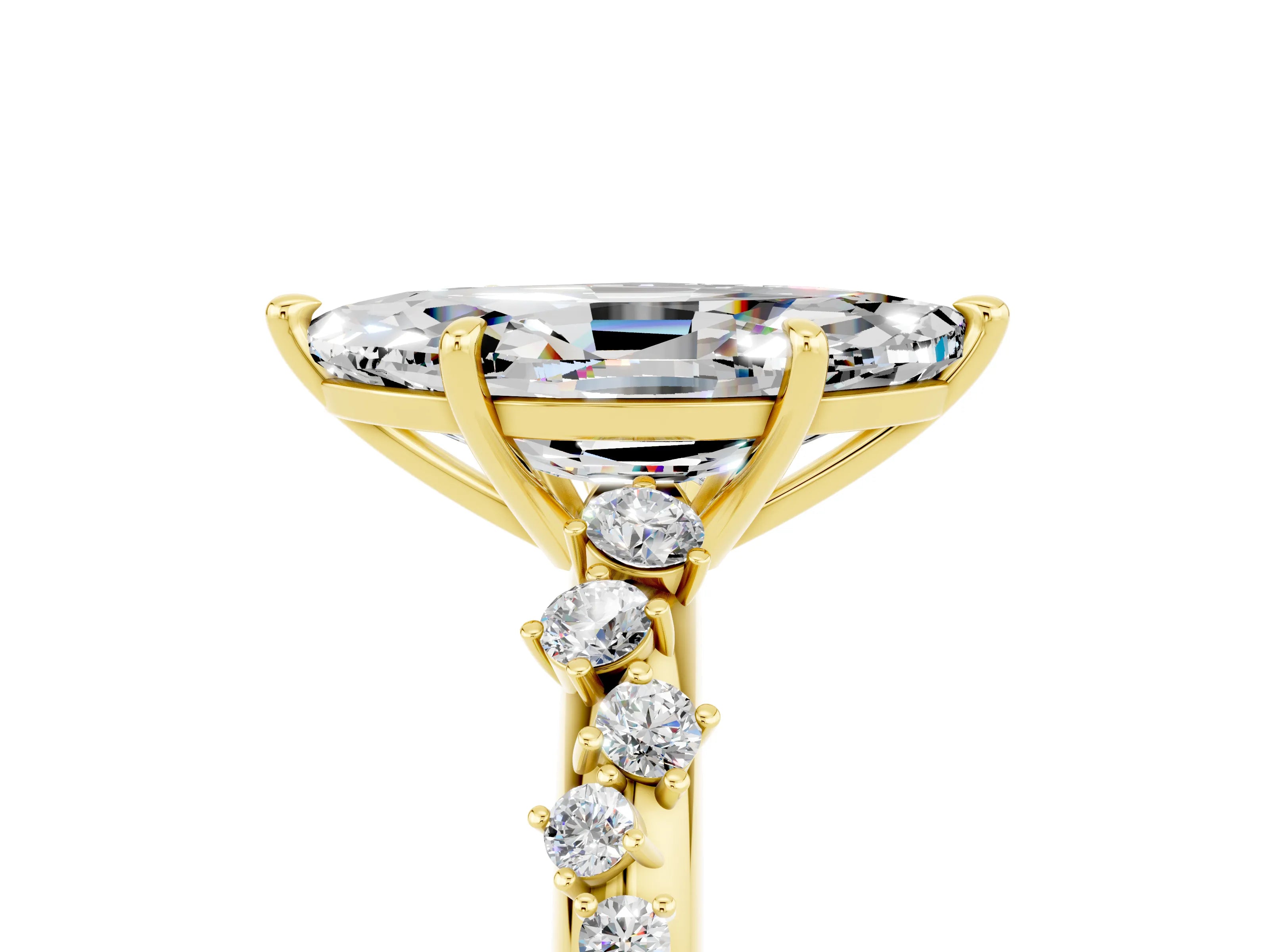 Yellow gold Marquise Cut Moissanite Cluster Side Stone Solitaire Ring with Prong Setting_39