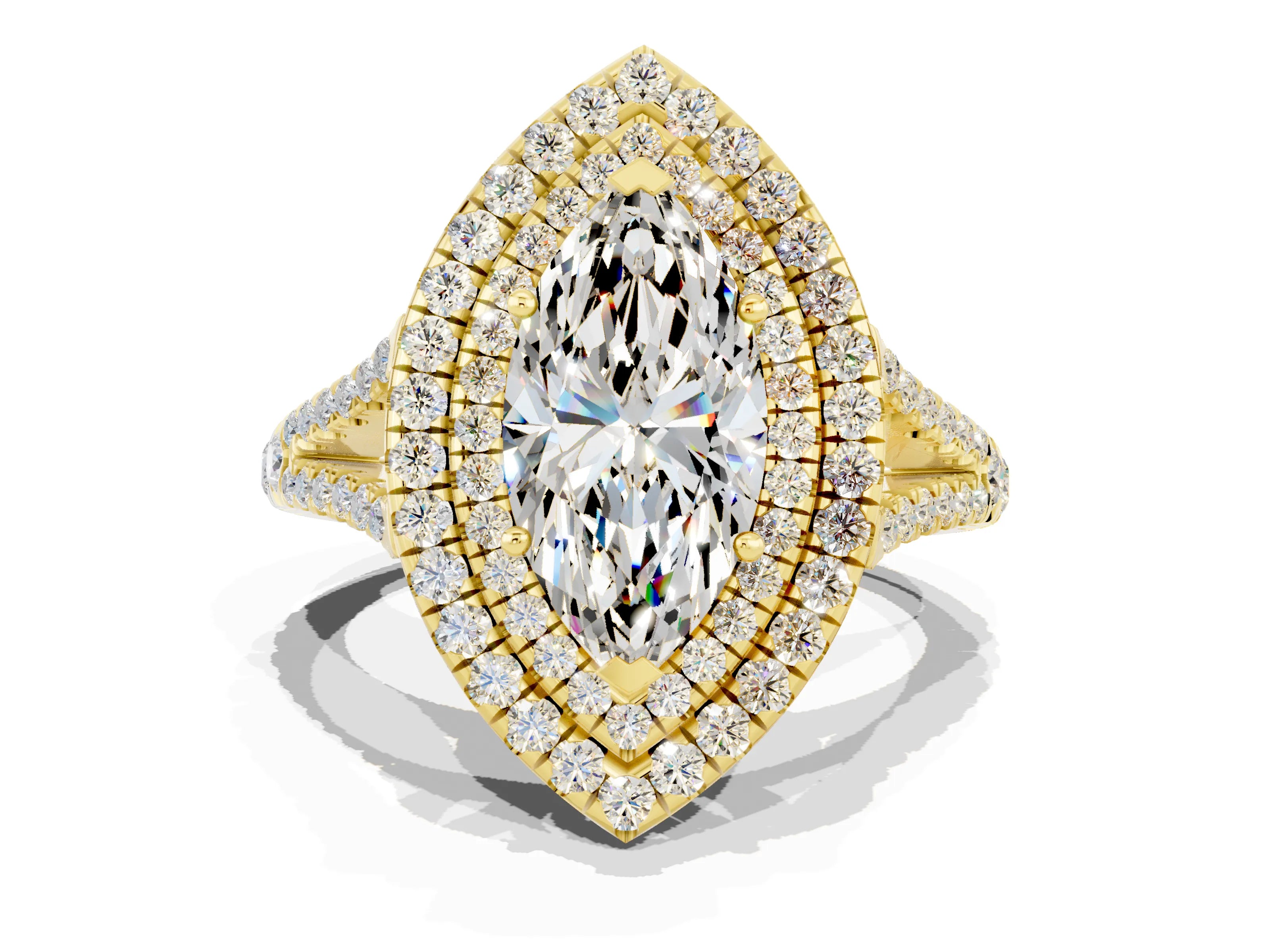 Yellow gold Marquise Cut Moissanite Double Halo Ring with Pavé Band and Prong Setting_12