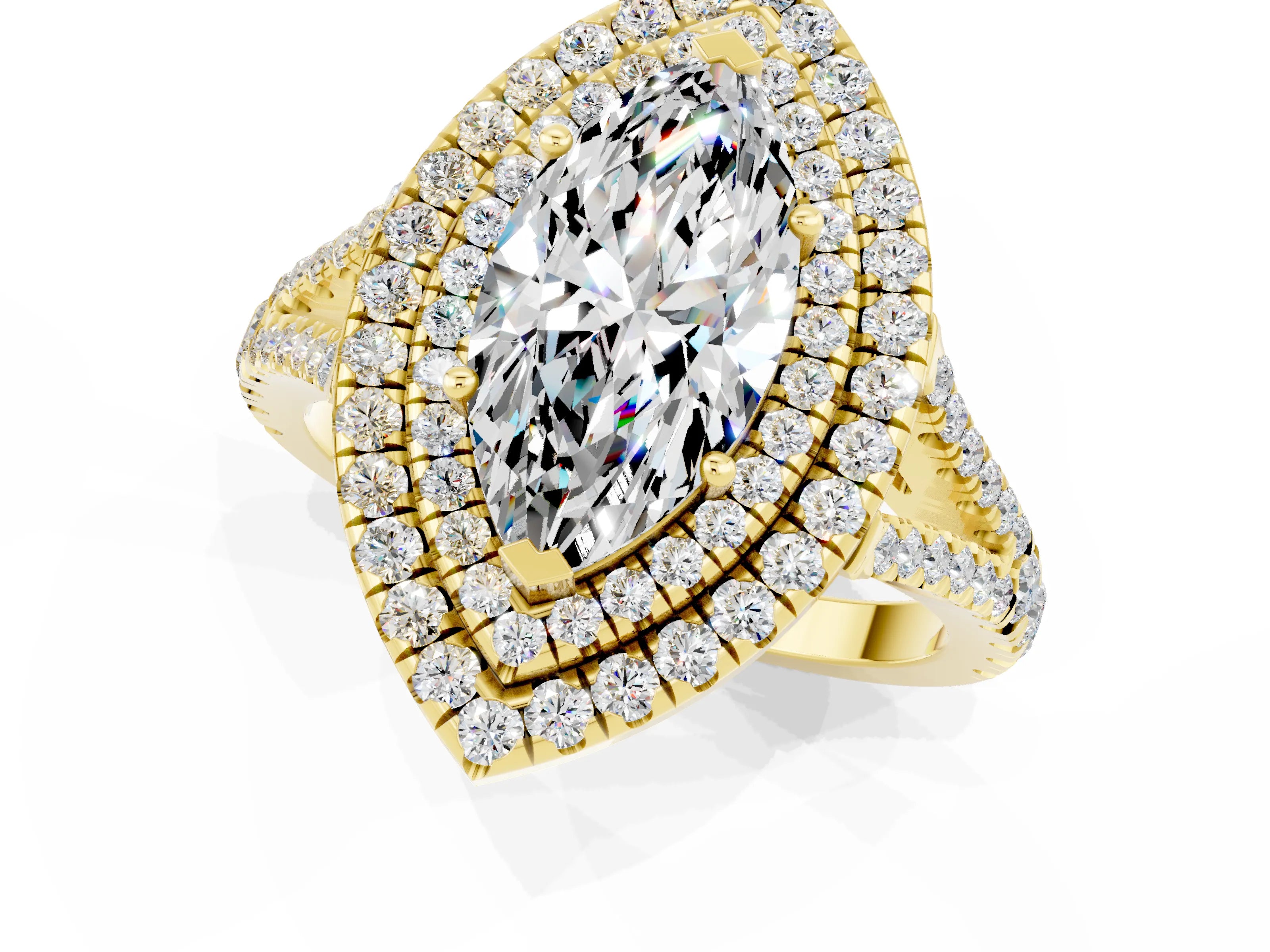 Yellow gold Marquise Cut Moissanite Double Halo Ring with Pavé Band and Prong Setting_13