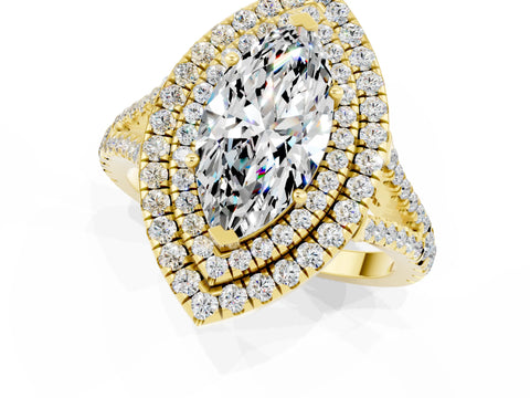 Yellow gold Marquise Cut Moissanite Double Halo Ring with Pavé Band and Prong Setting_13