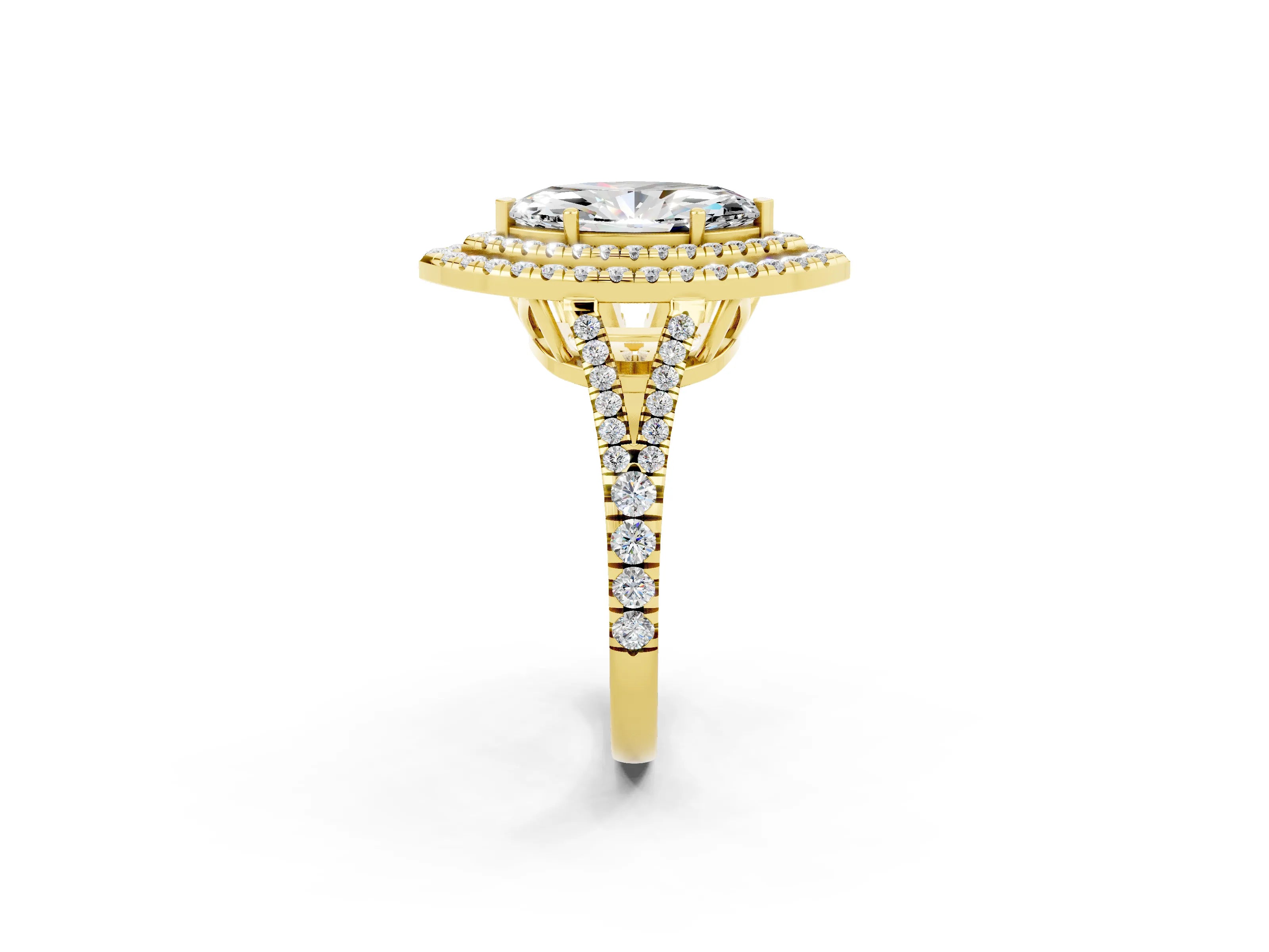 Yellow gold Marquise Cut Moissanite Double Halo Ring with Pavé Band and Prong Setting_14