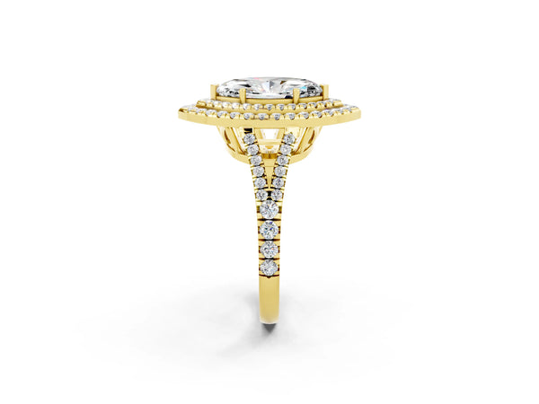 Yellow gold Marquise Cut Moissanite Double Halo Ring with Pavé Band and Prong Setting