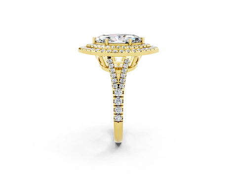 Yellow gold Marquise Cut Moissanite Double Halo Ring with Pavé Band and Prong Setting_14