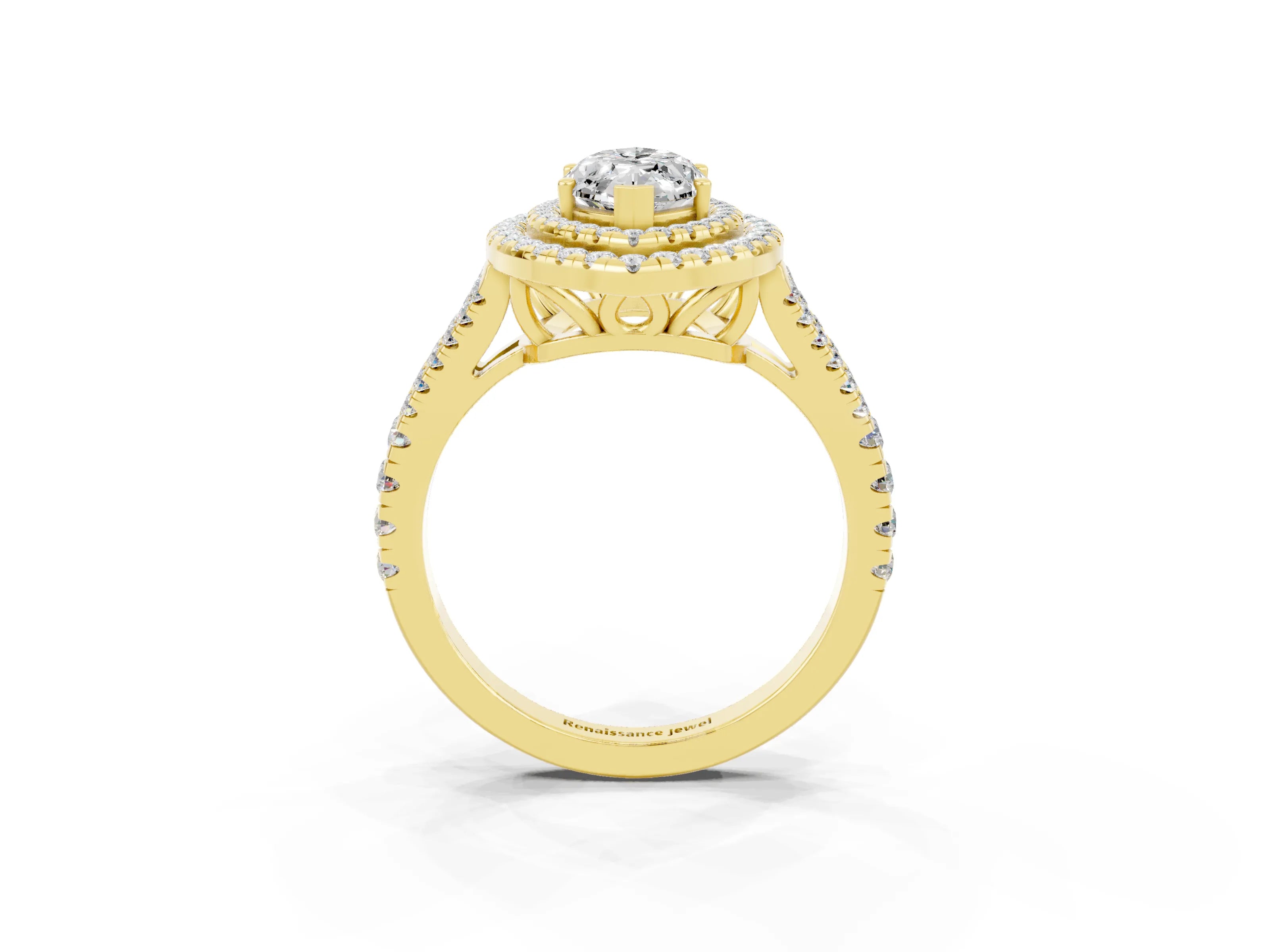 Yellow gold Marquise Cut Moissanite Double Halo Ring with Pavé Band and Prong Setting_15