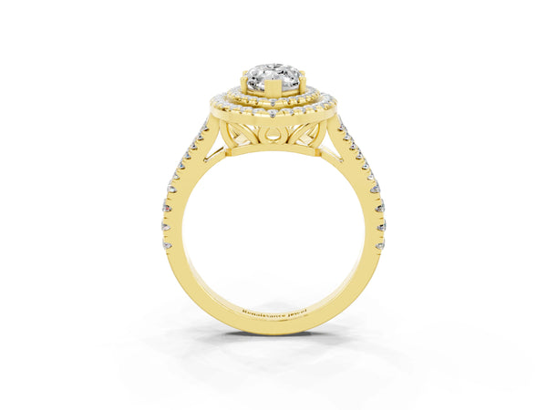 Yellow gold Marquise Cut Moissanite Double Halo Ring with Pavé Band and Prong Setting