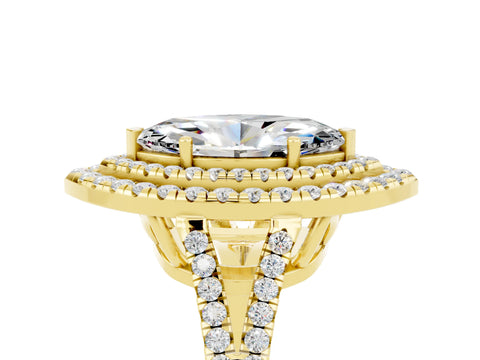 Yellow gold Marquise Cut Moissanite Double Halo Ring with Pavé Band and Prong Setting_17