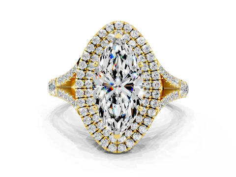 Yellow gold Marquise Cut Moissanite Double Halo Ring with Split Shank and Prong Setting_12