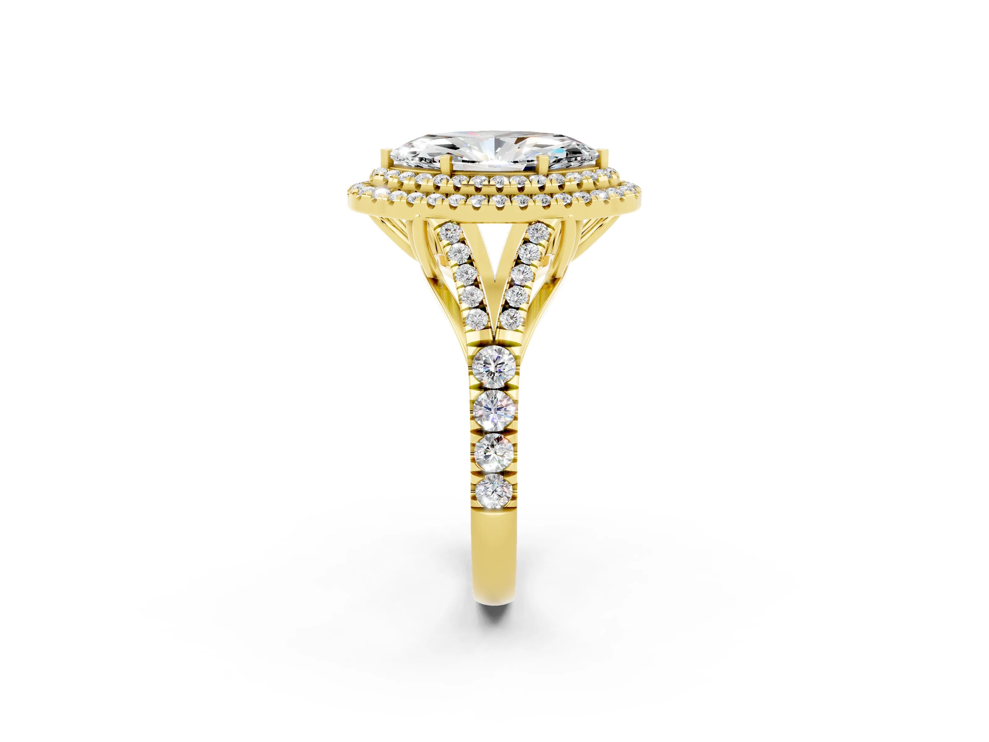 Yellow gold Marquise Cut Moissanite Double Halo Ring with Split Shank and Prong Setting_14